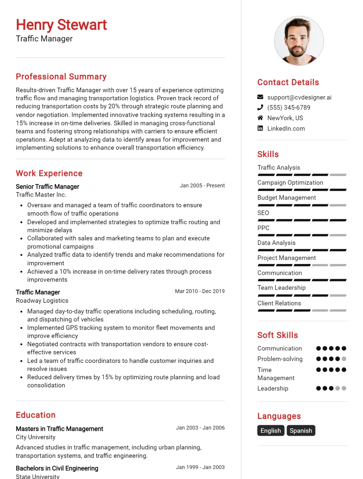 Traffic Manager CV Example