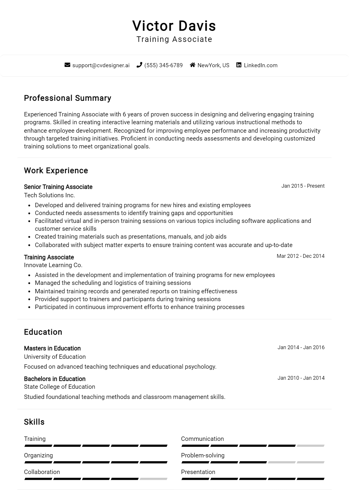 Training Associate Resume Example