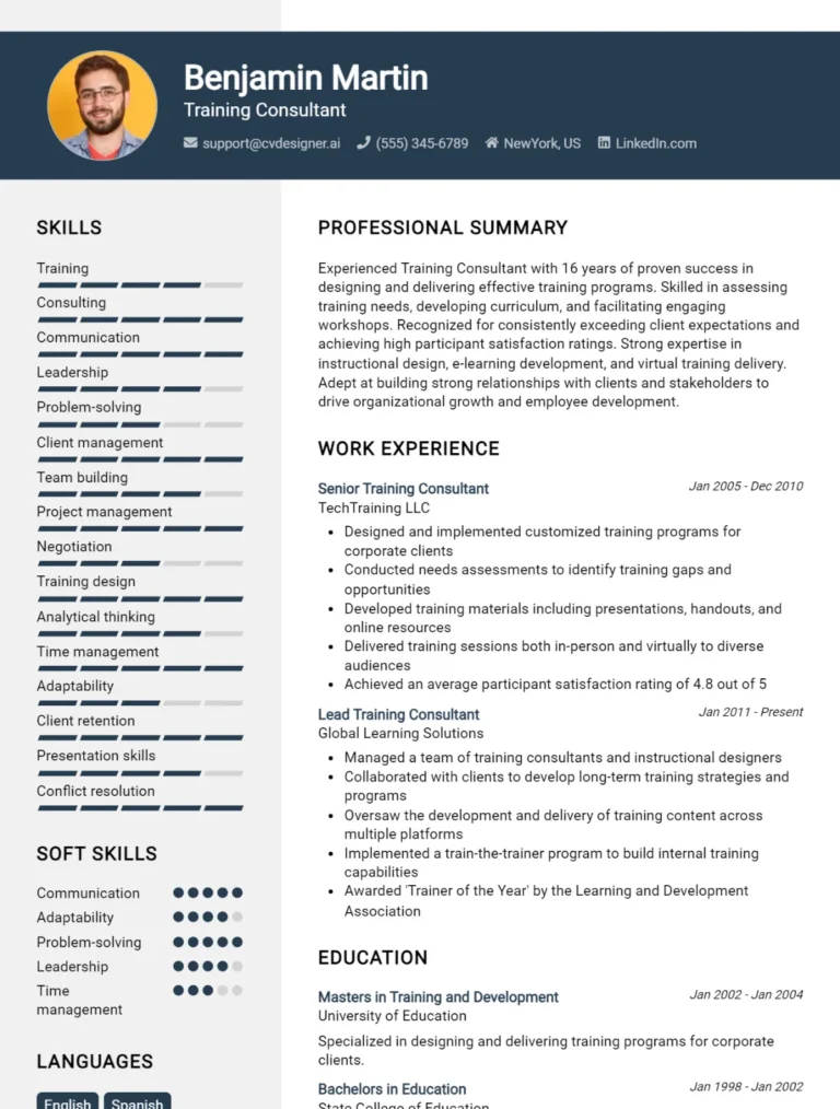 Training Consultant CV Example For 2025: Best Formatting Tips