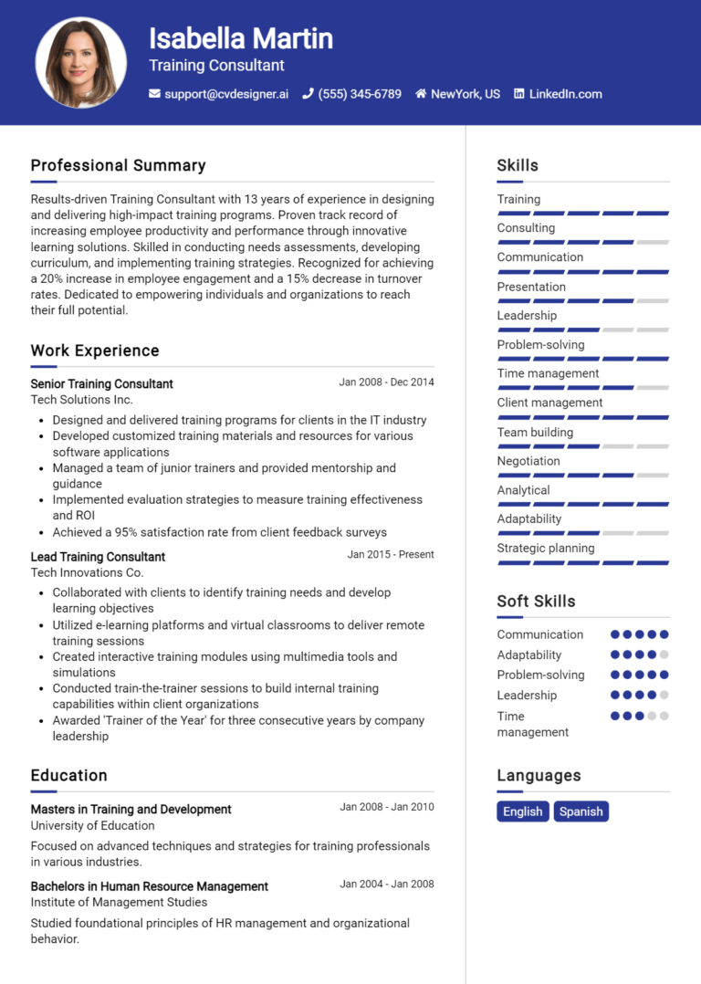 Training Consultant Resume Example for 2025: Free Professional Templates