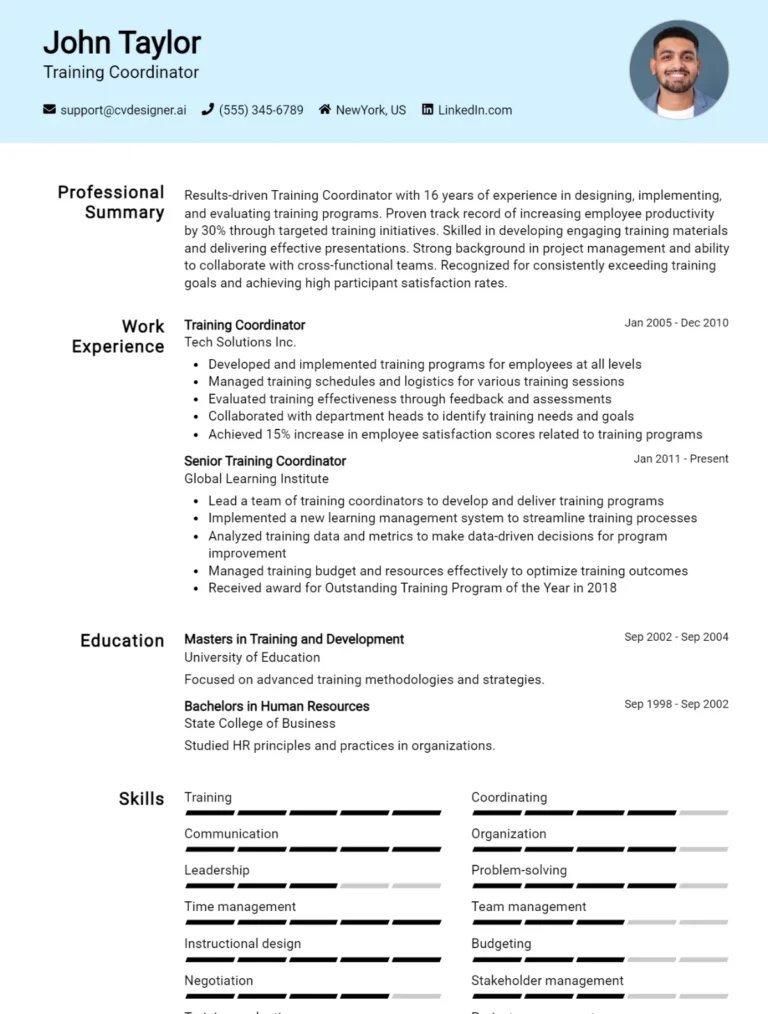 Training Coordinator CV Example For 2025: Top CV Skills