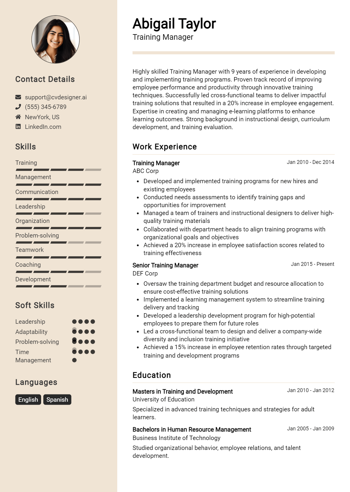 Training Manager Resume Example