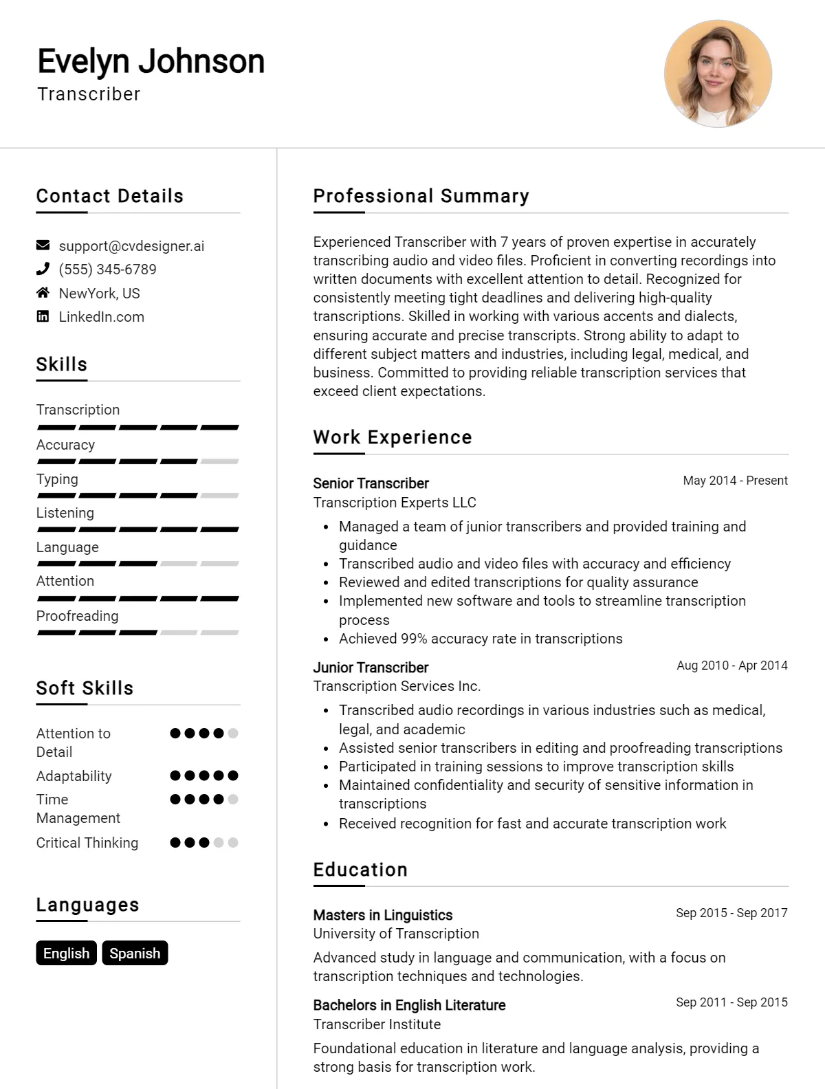 Transcriber CV Example