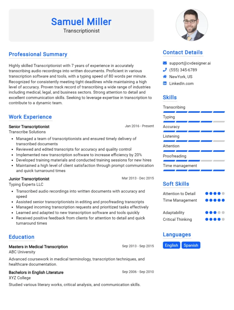 Transcriptionist CV Example For 2025: Professional CV Templates