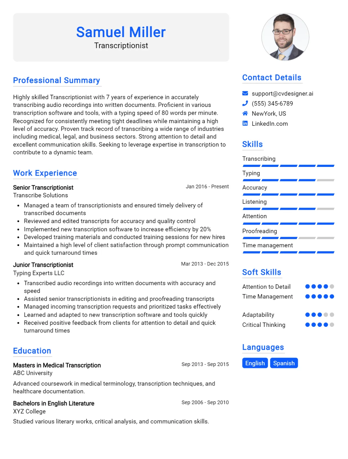 Transcriptionist CV Example