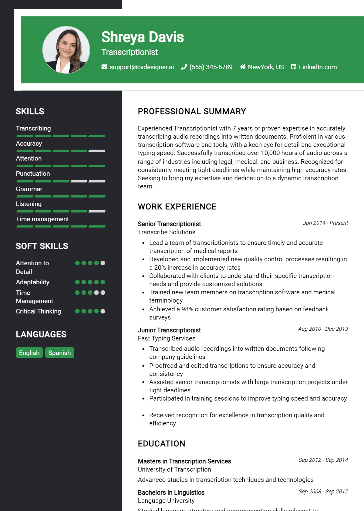 Transcriptionist Resume Example