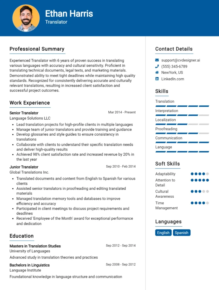 Translator CV Example For 2025: Free Downloadable Templates