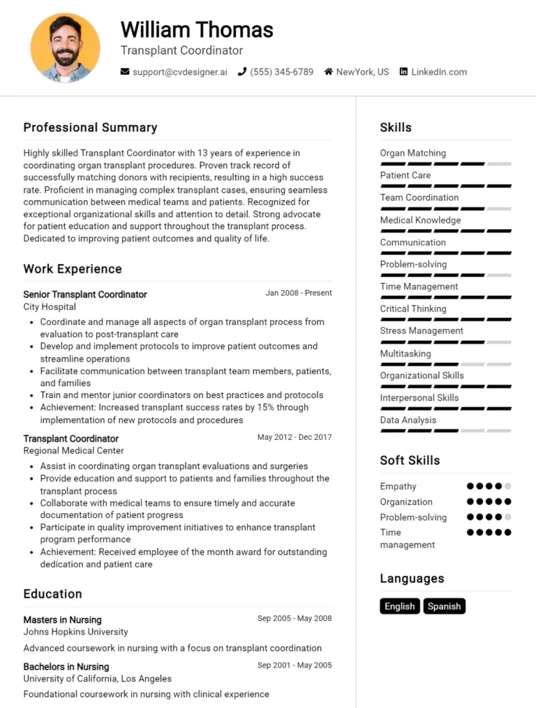 Transplant Coordinator CV Example For 2025: Professional CV Templates