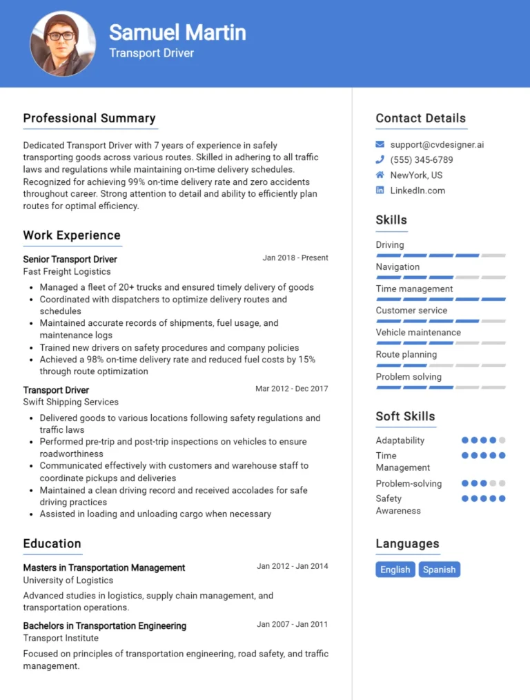 25 Transport Driver CV Examples And Templates For 2025