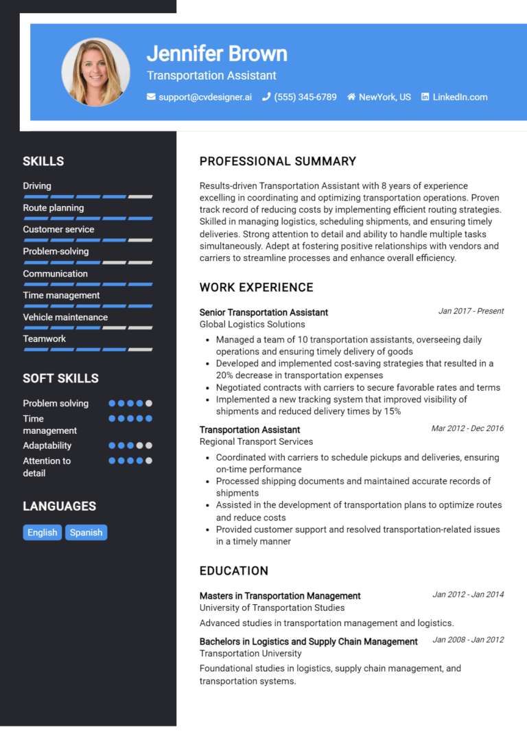 Transportation Assistant Resume Example for 2025: Ultimate Guide