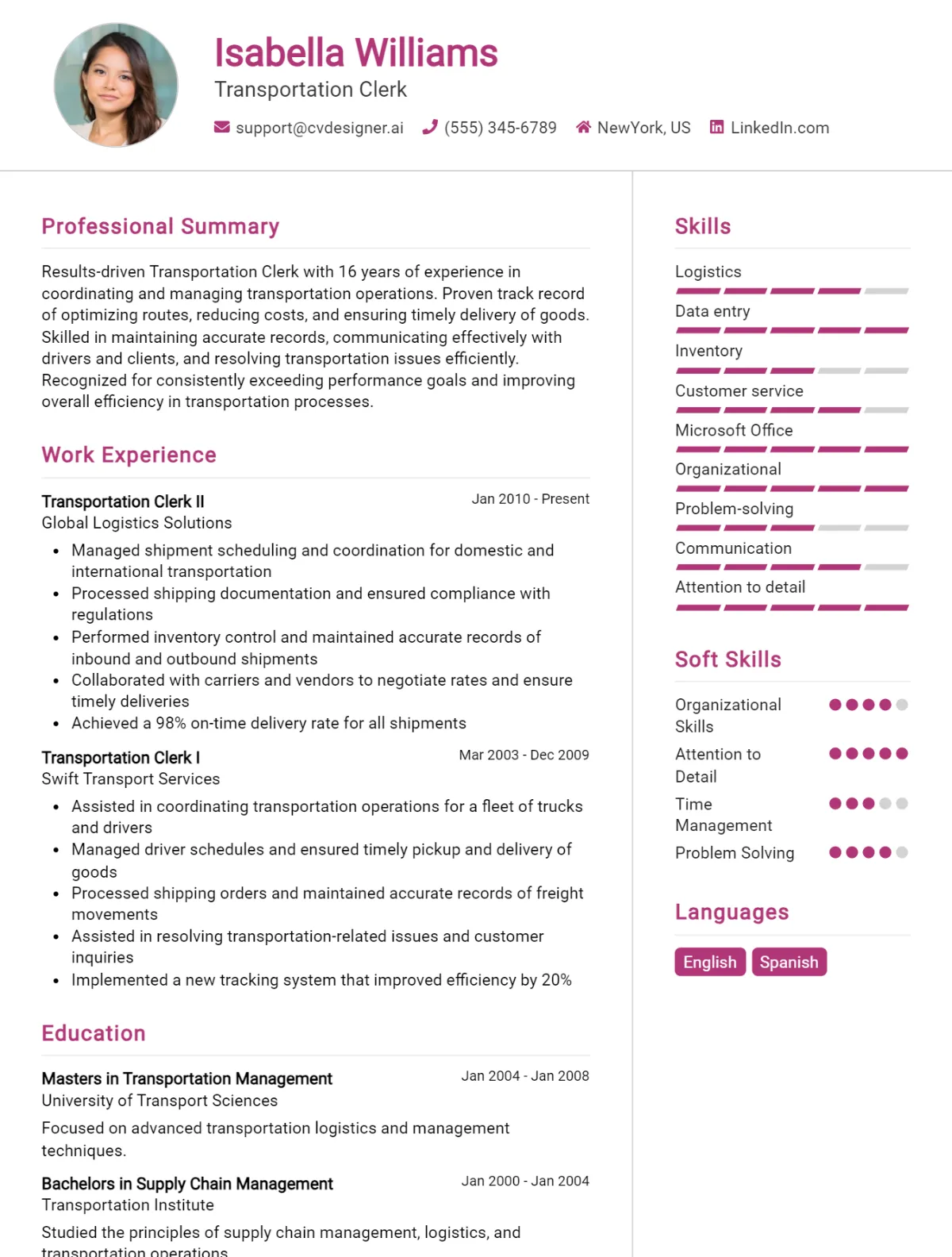Transportation Clerk CV Example