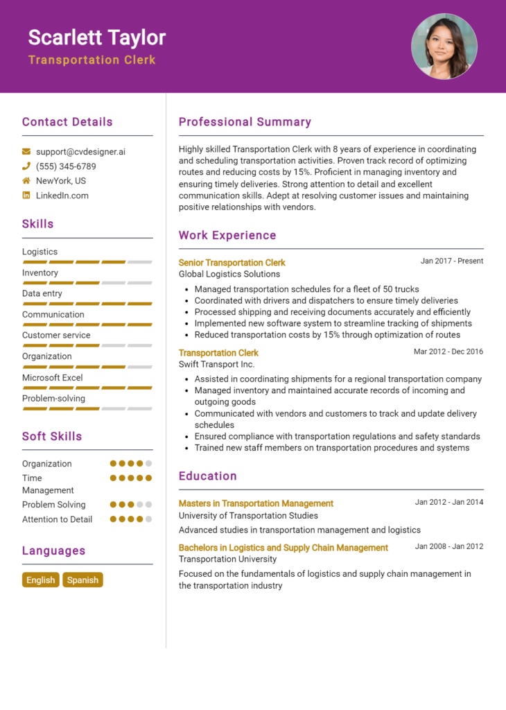Transportation Clerk Resume Example