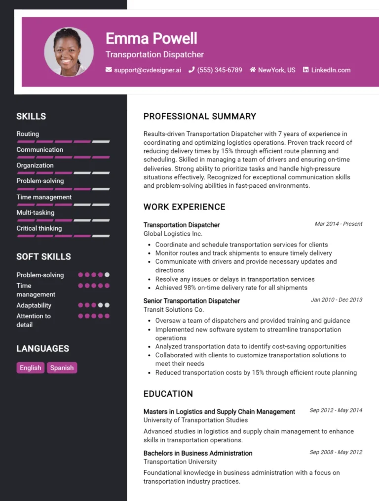 Transportation Dispatcher CV Example For 2025: Expert Tips & Templates