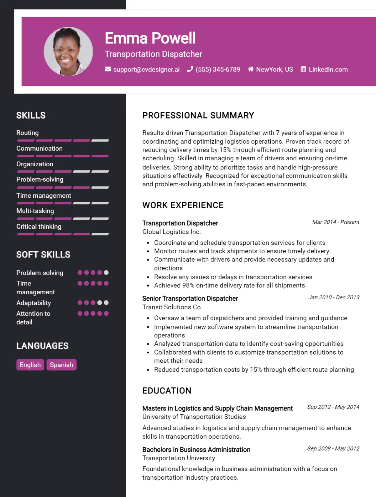 Transportation Dispatcher CV Example