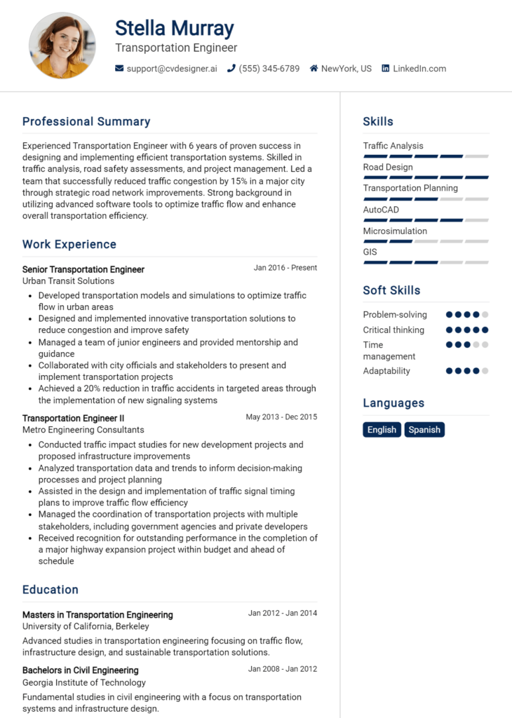 Transportation Engineer Resume Example