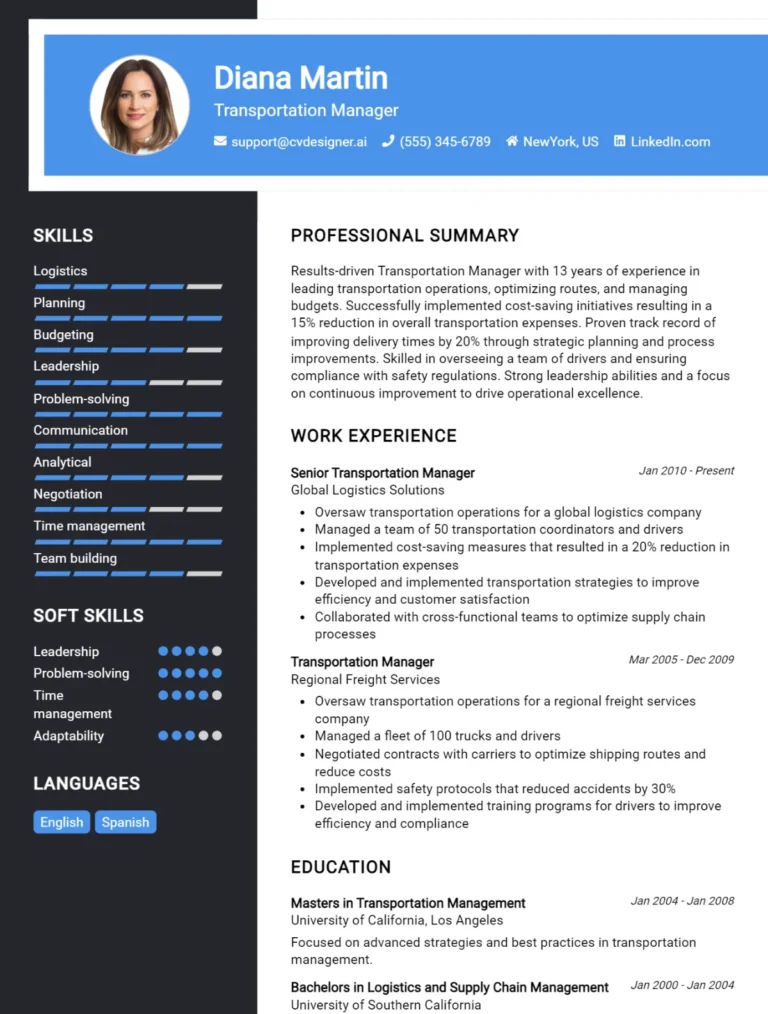 Transportation manager CV Example For 2025: Best Writing Guide