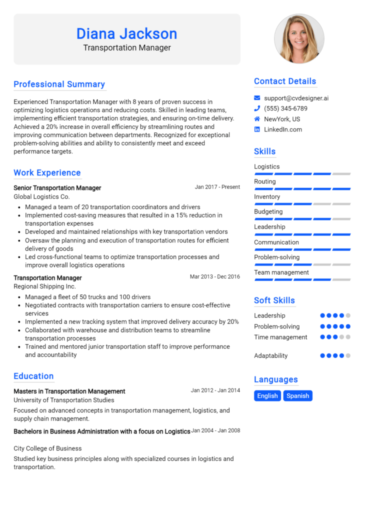 8 Transportation manager Resume Examples for 2024: Tips to Stand Out ...