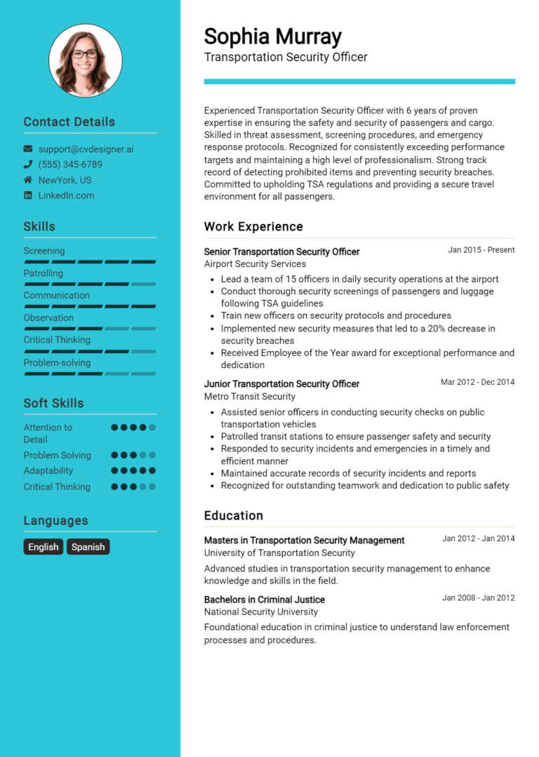 8 Transportation Security Officer Resume Examples for 2025: Downloadable Templates