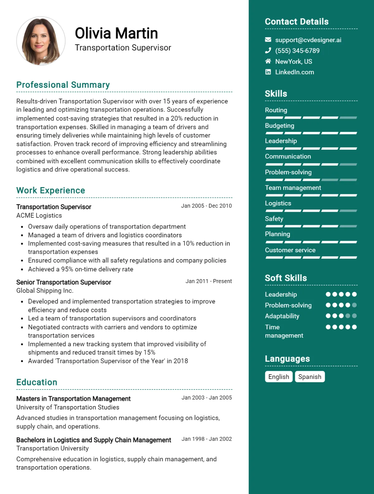 Transportation Supervisor CV Example