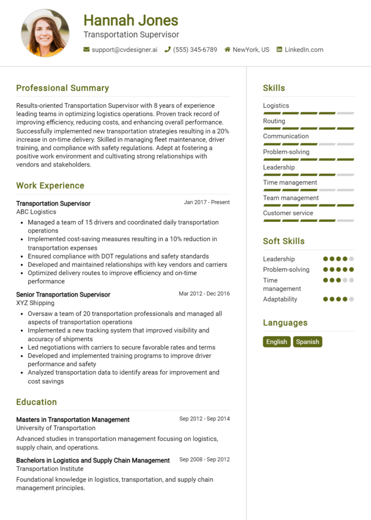 Transportation Supervisor Resume Example