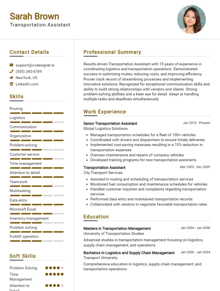 Transportation Assistant CV Example For 2025: Examples & Free Templates