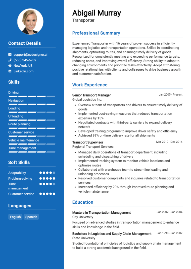 Transporter Resume Example for 2025: Top CV Skills