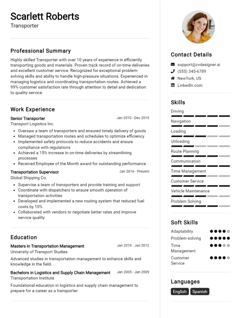 Transporter CV Example For 2025: Free Downloadable Templates