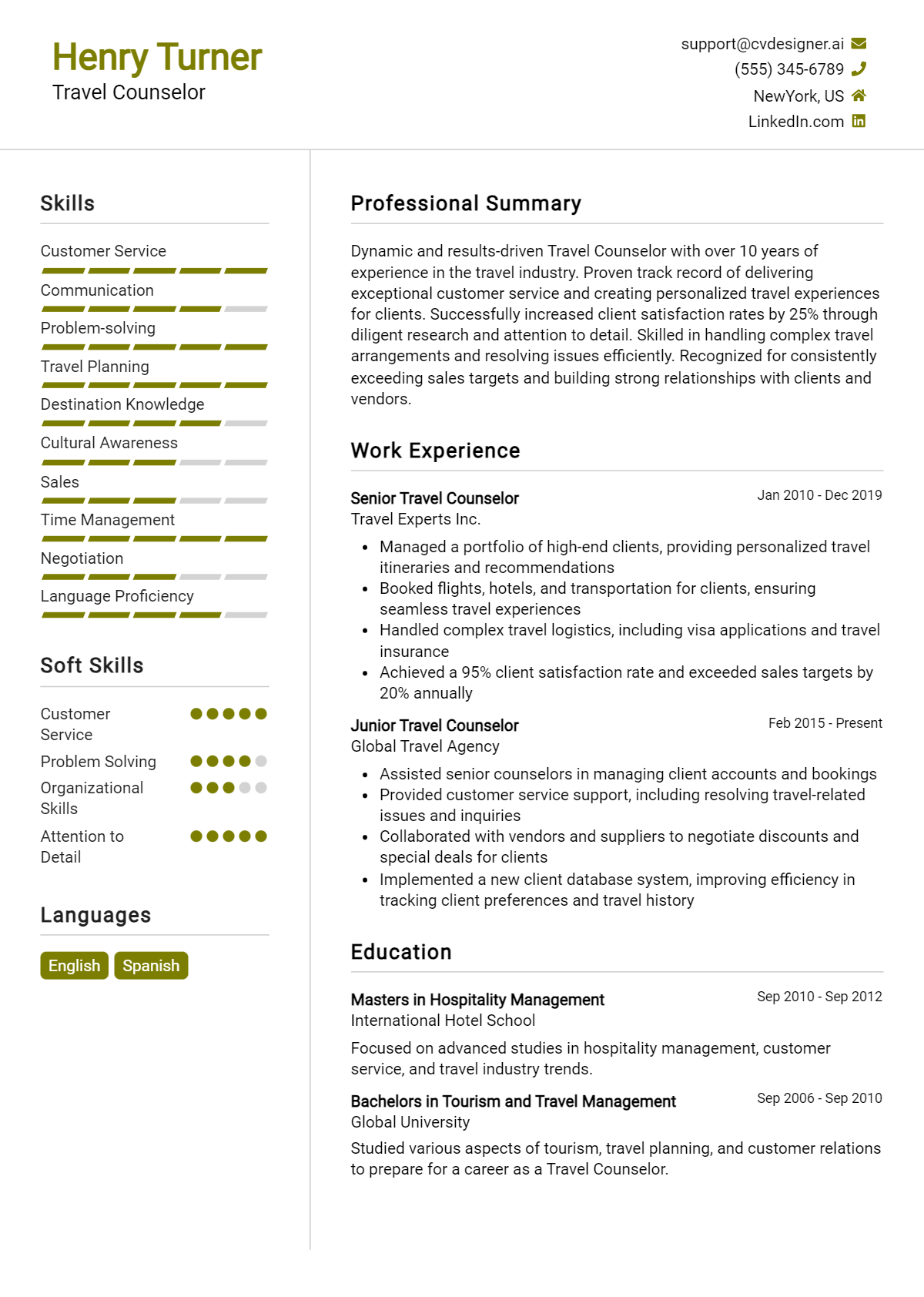 Travel Counselor Resume Example