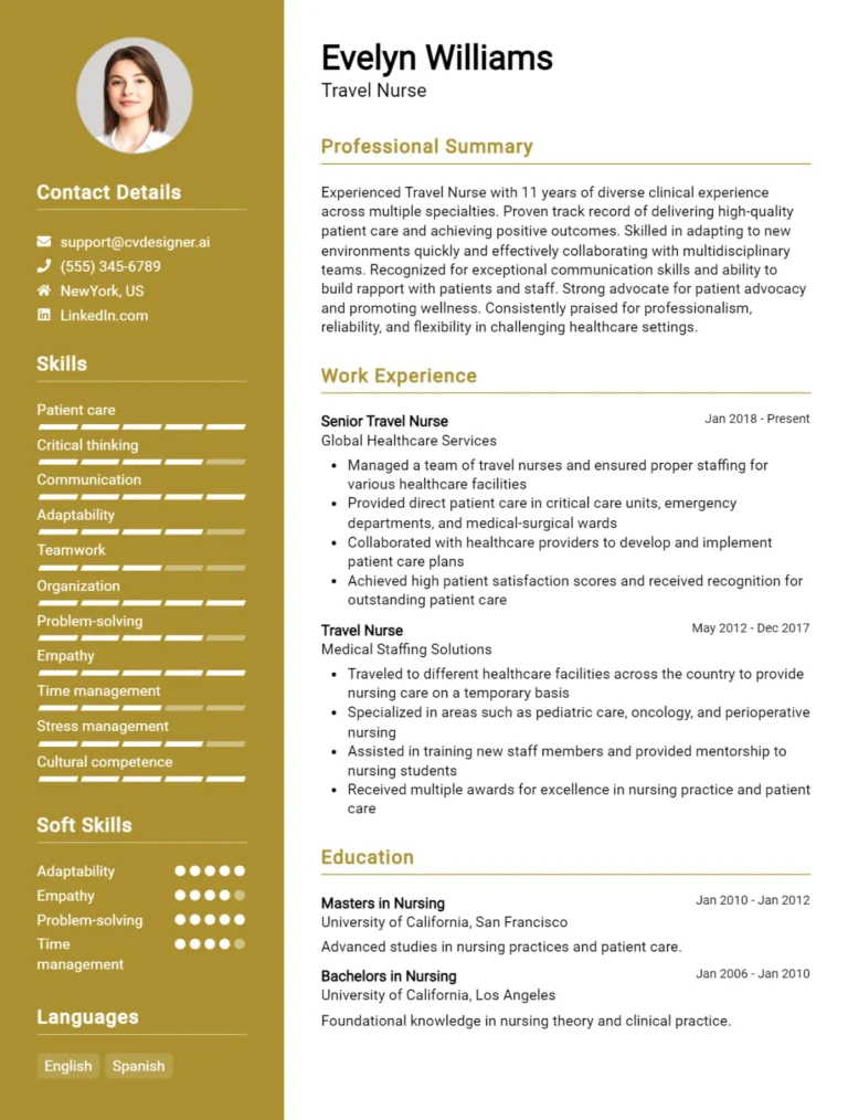 Travel Nurse CV Example For 2025: Ultimate Guide