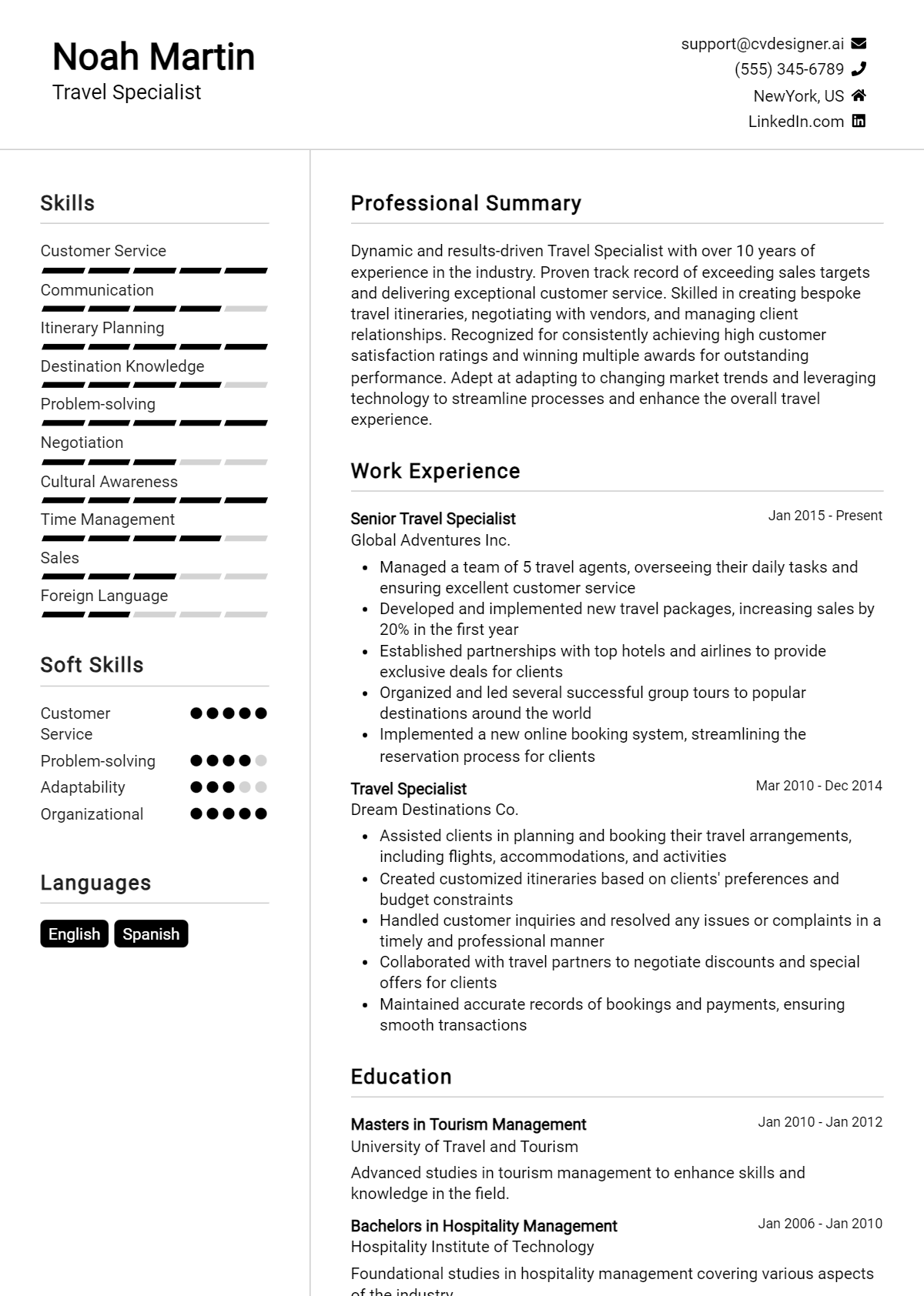 Travel Specialist Resume Example