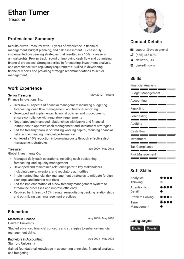 Treasurer Resume Example for 2025: Free Downloadable Templates