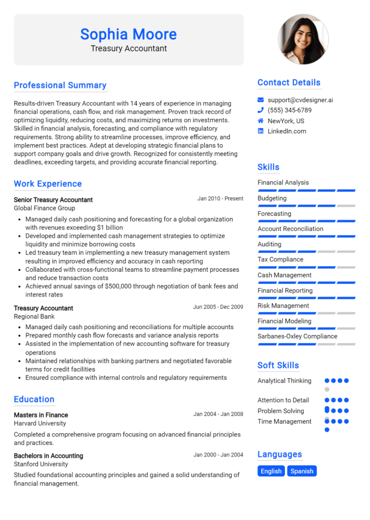 Treasury Accountant Resume Example
