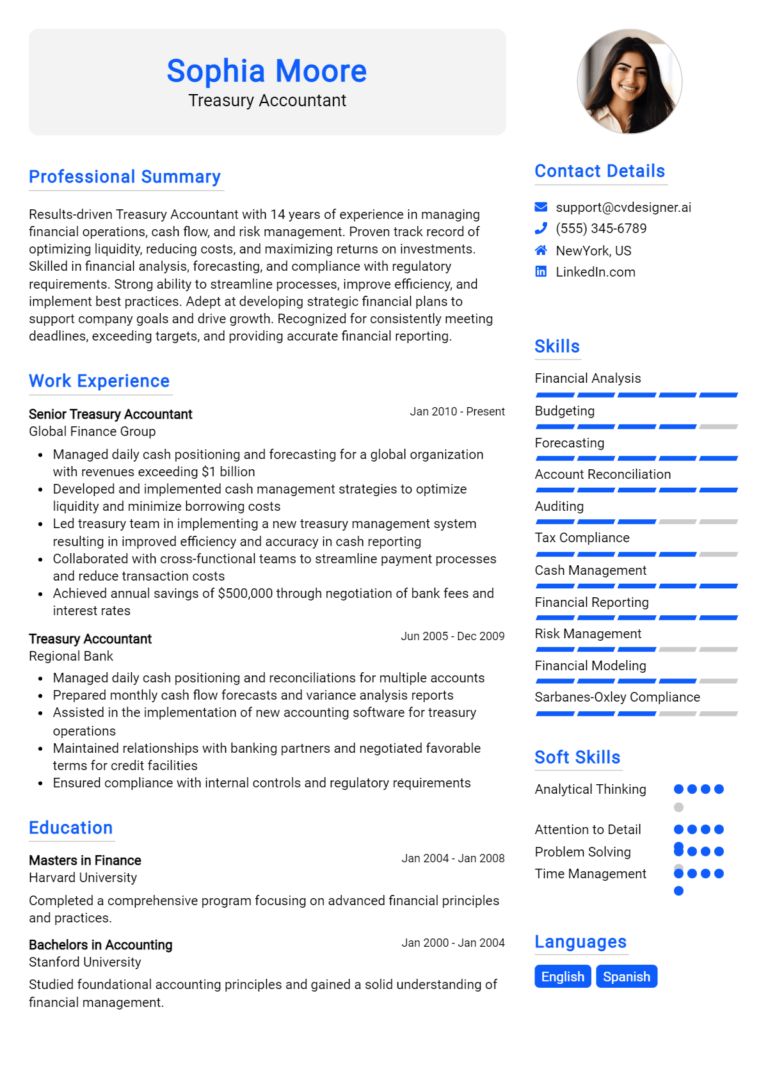 Treasury Accountant Resume Example for 2025: Examples & Free Templates