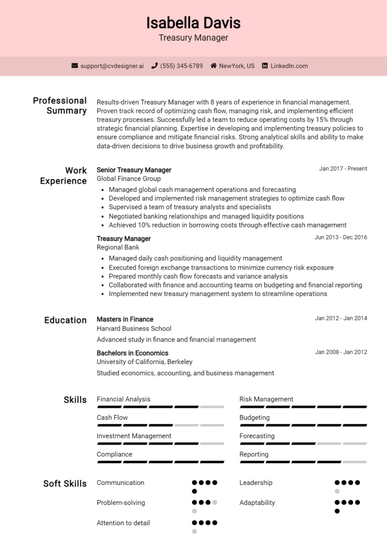 Treasury Manager Resume Example for 2025: Free Downloadable Templates