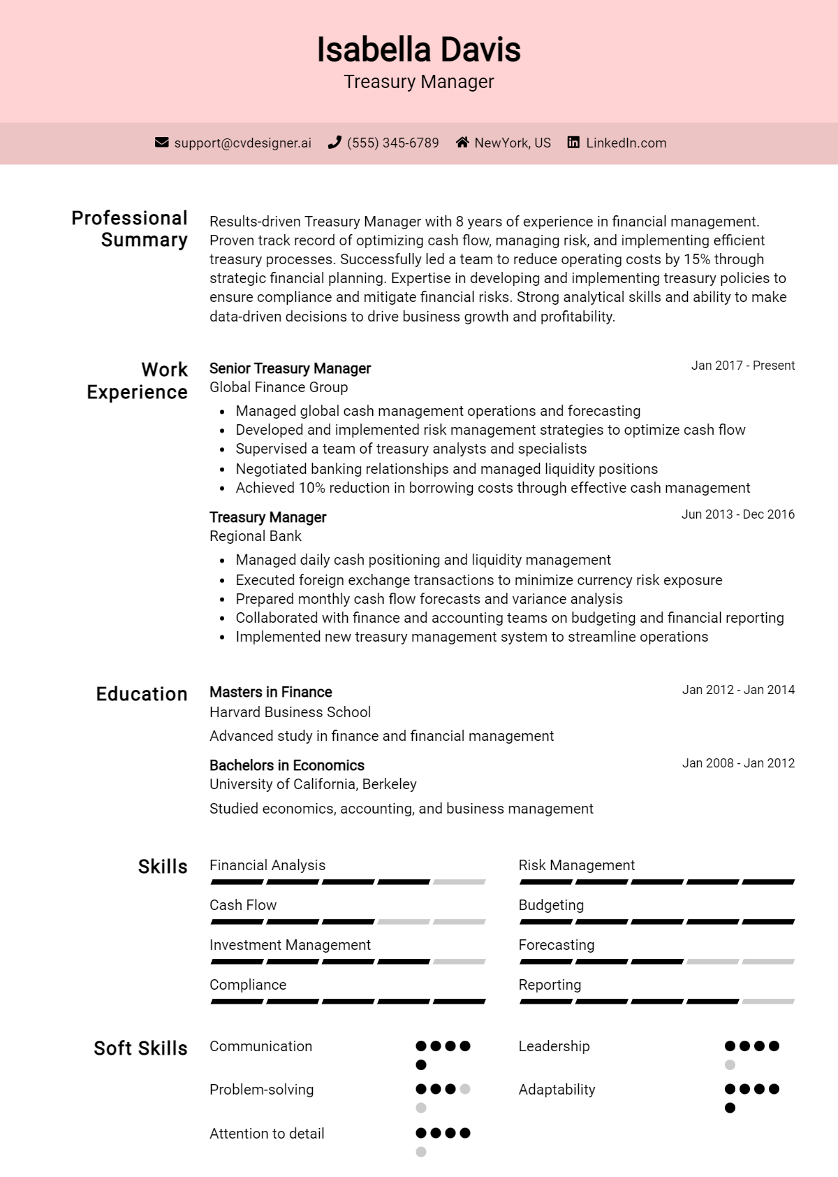 Treasury Manager Resume Example
