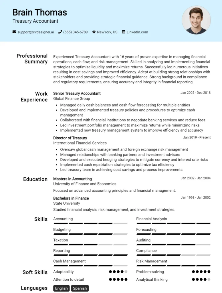 Treasury Accountant CV Example