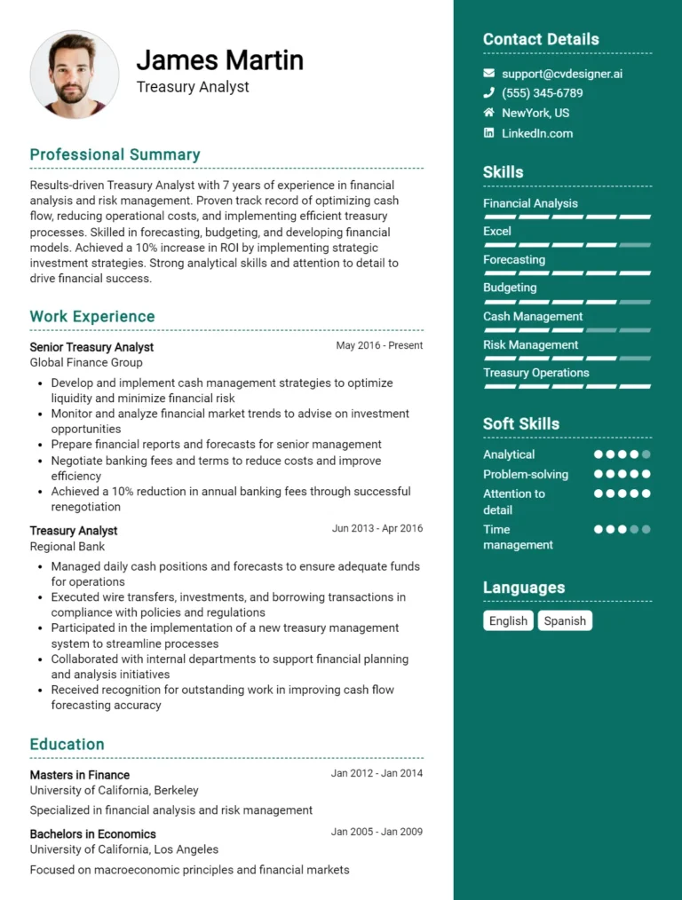 Treasury Analyst CV Example For 2025: Free Downloadable Templates