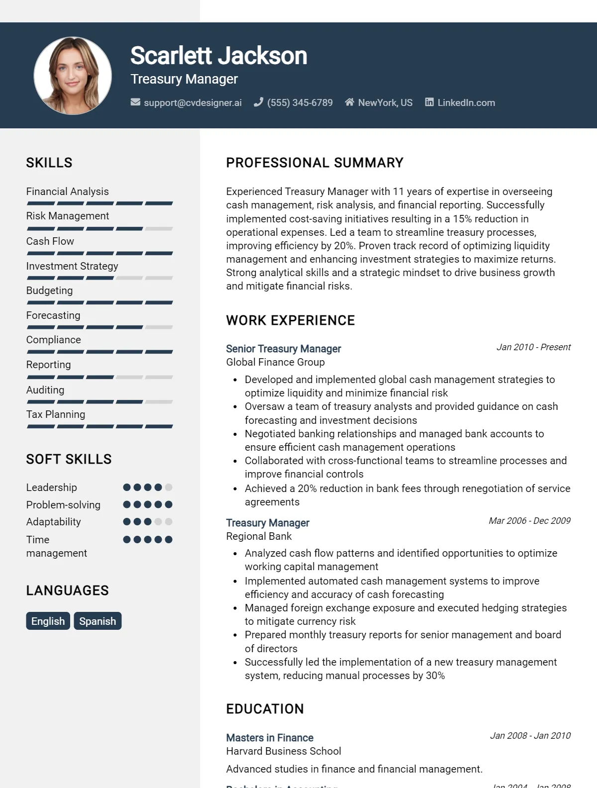 Treasury Manager CV Example