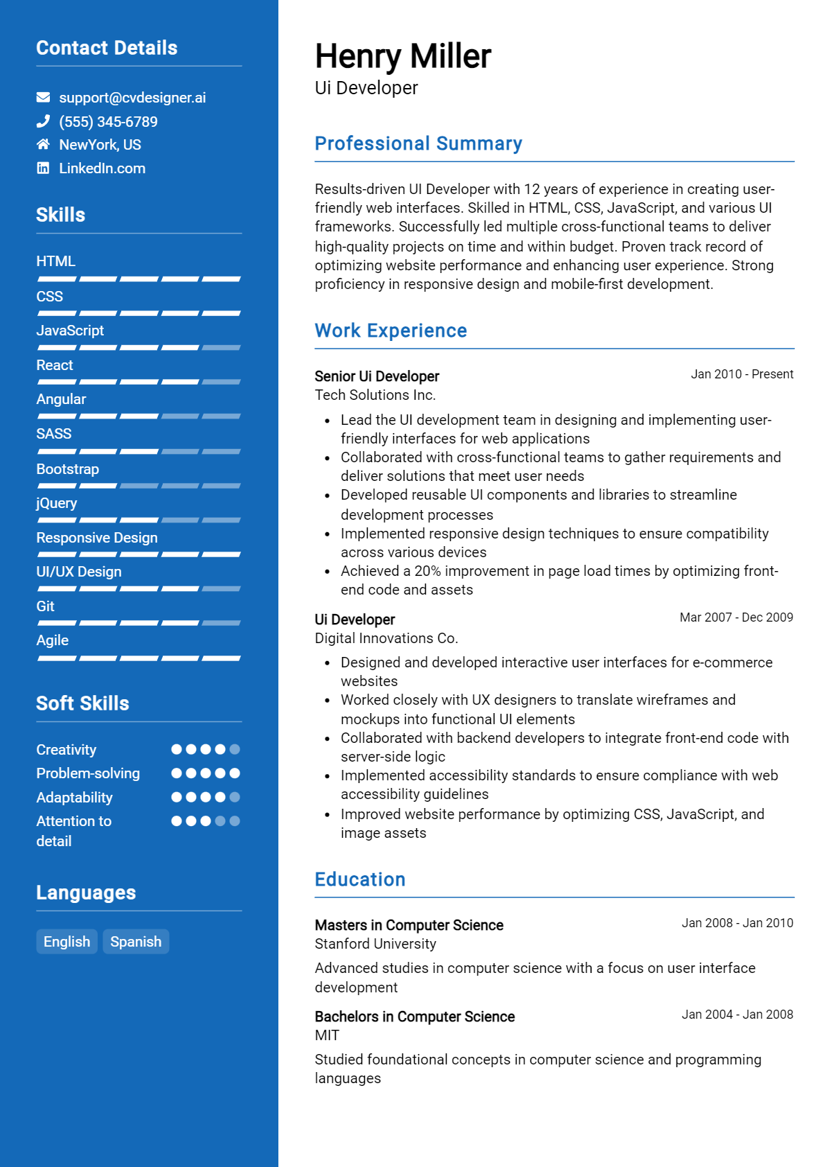 16 UI Developer Resume Examples for 2024: Free Samples - CVDesigner.ai