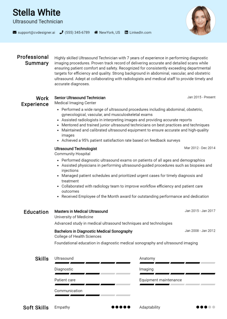Ultrasound Technician Resume Example for 2025: Best Tips & Templates