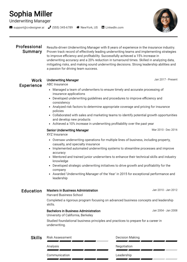 Underwriting Manager Resume Example