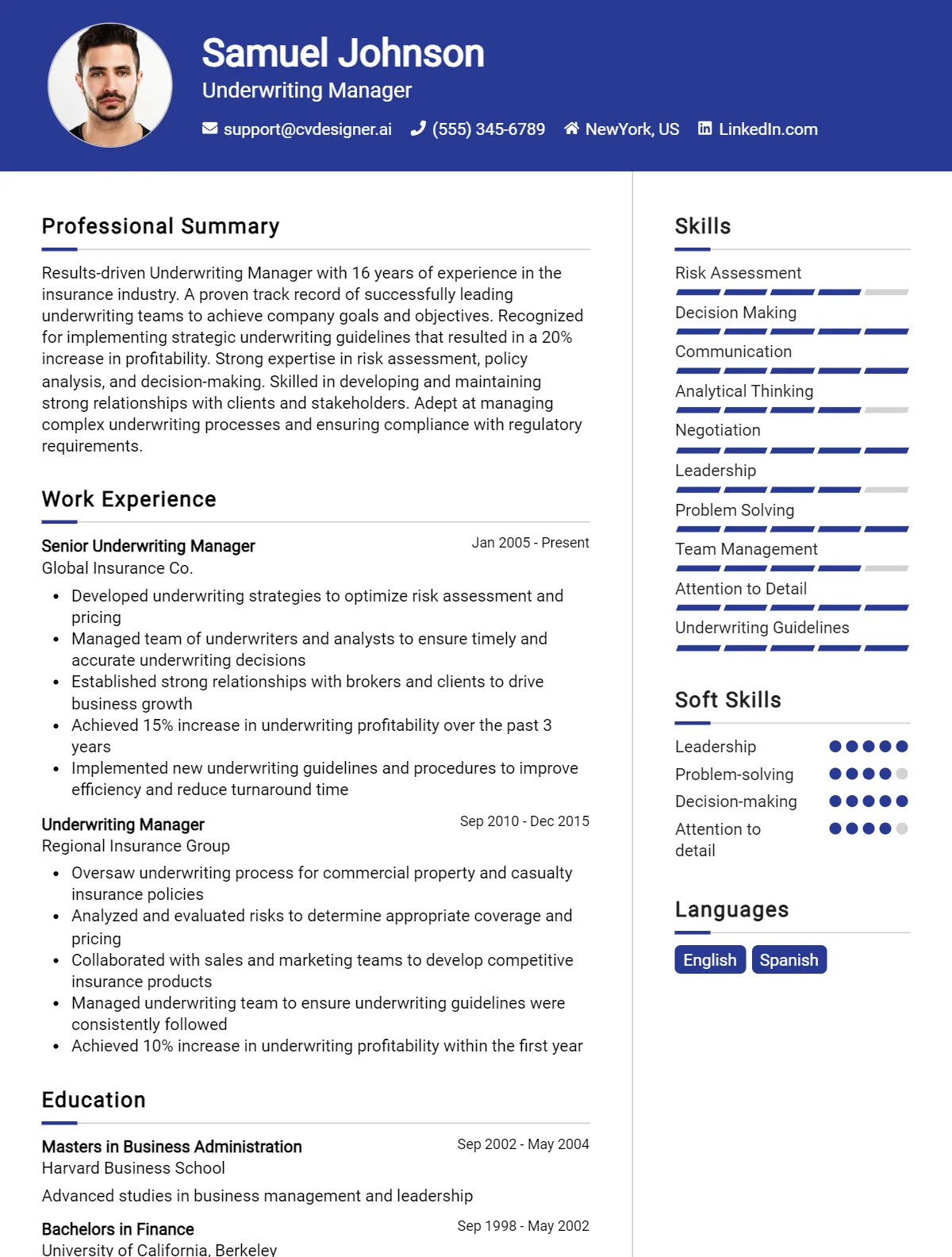 Underwriting Manager CV Example