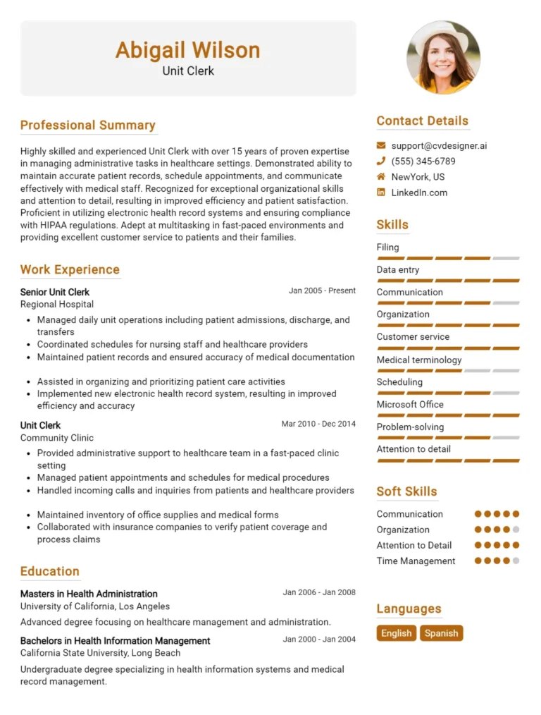 Unit Clerk CV Example For 2025: Examples & Free Templates