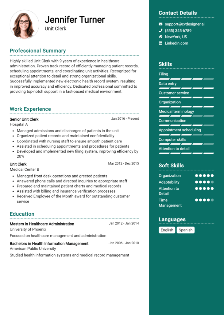 Unit Clerk Resume Example for 2024: How to Create a Professional CV ...