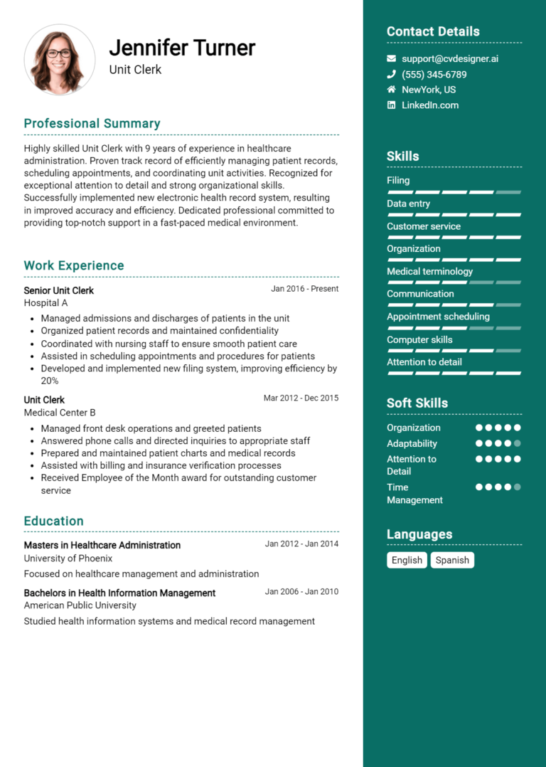 Unit Clerk Resume Example for 2025: How to Create a Professional CV