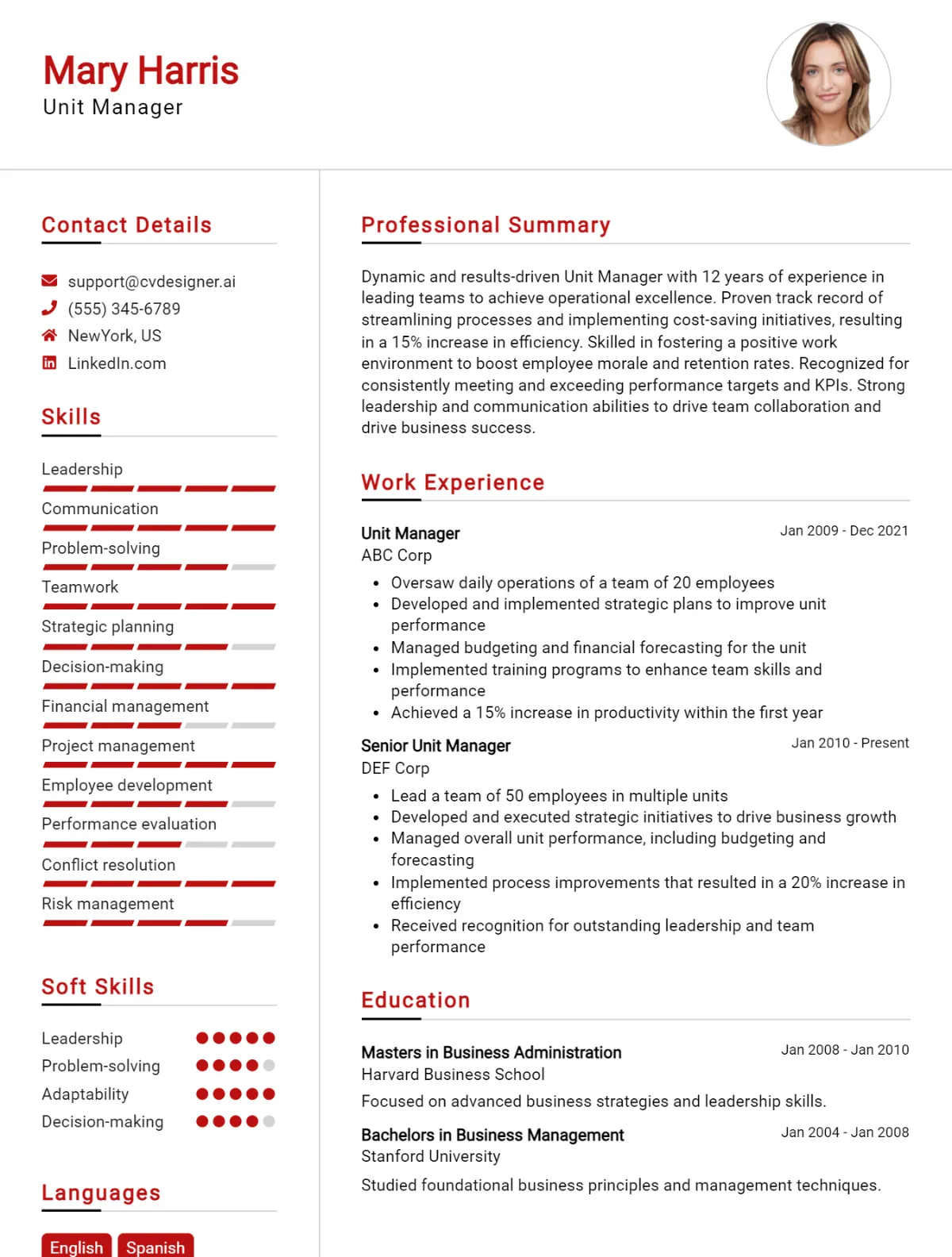 Unit Manager CV Example