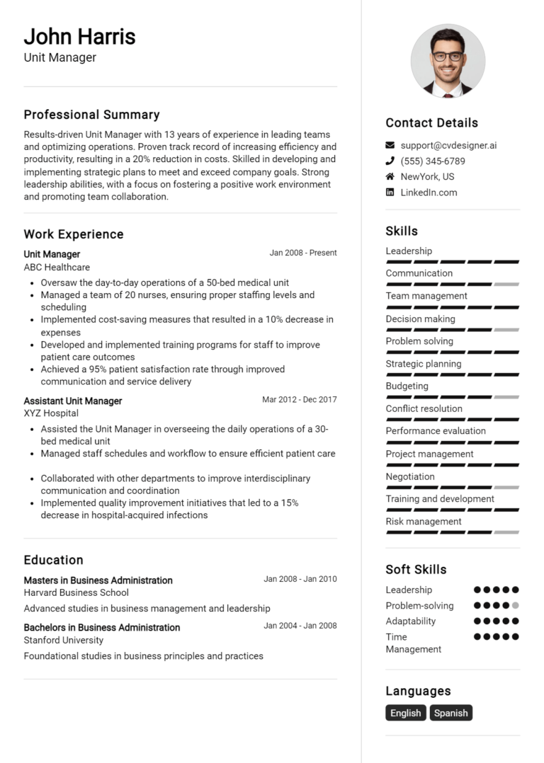 Unit Manager Resume Example for 2025: Effective Tips