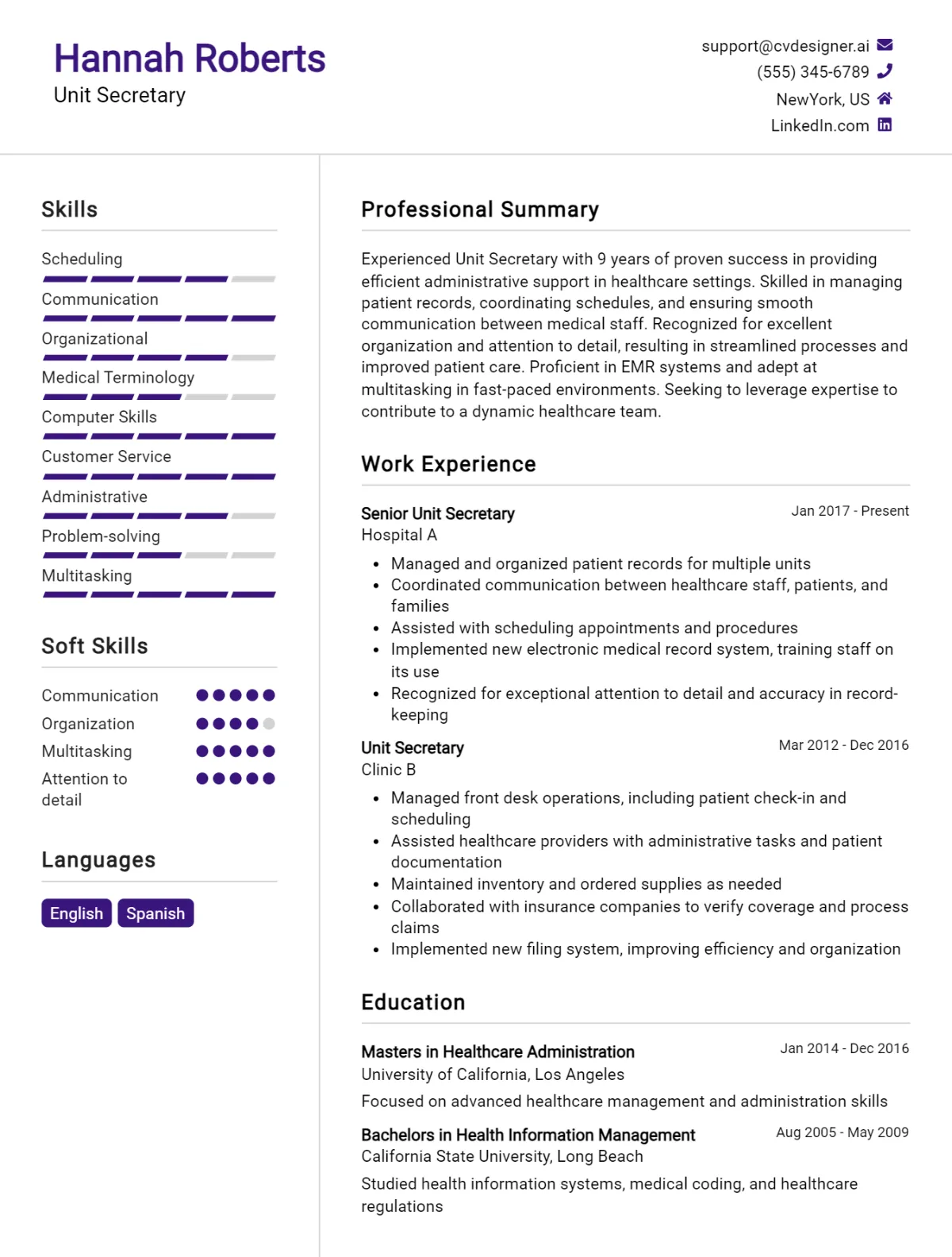 Unit Secretary CV Example