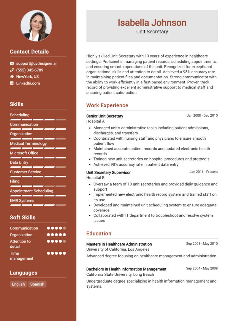 Unit Secretary Resume Example for 2025: Strategies & Templates