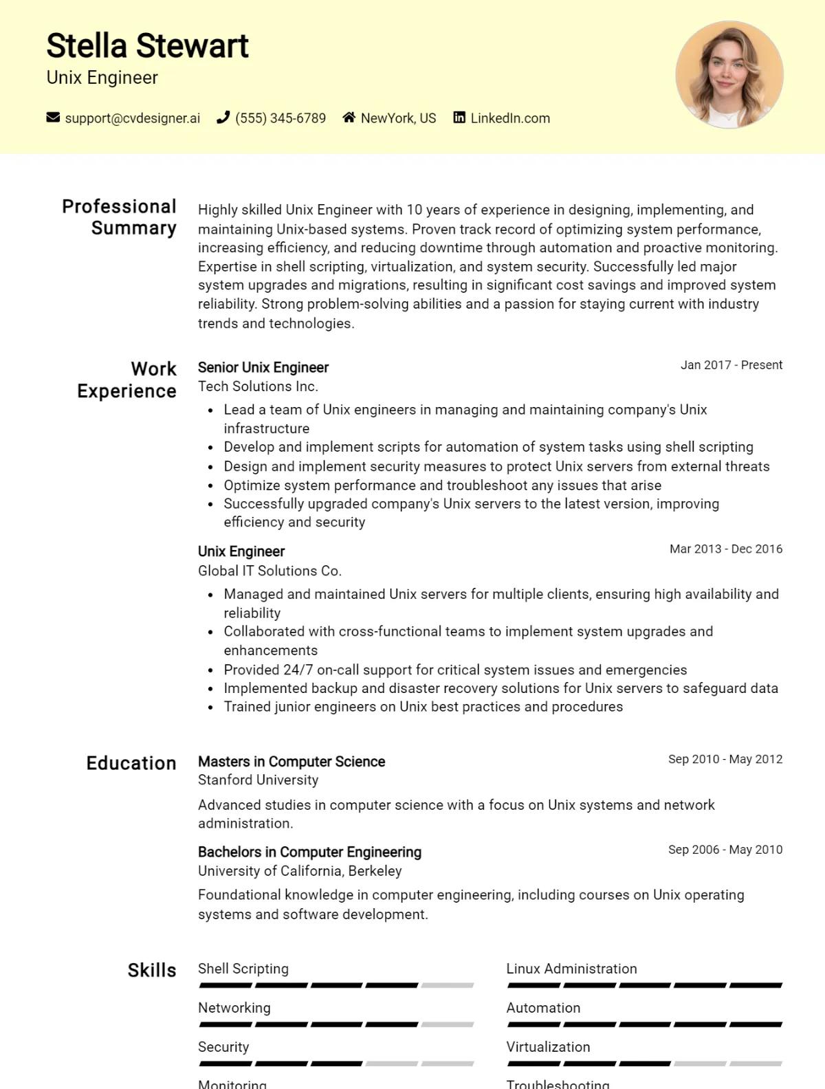 Unix Engineer CV Example